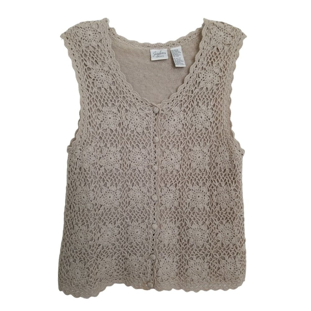 Jaclyn Smith Classic Crochet Sweater Vest Tan Lined Women's Size Medium